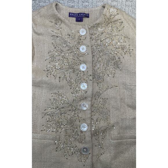 Ralph Lauren Purple Label Beige Silk Beaded Jacket 12 Button Front - Picture 14 of 15